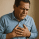 Man experiencing chest pain, holding his chest with a distressed expression, indicating possible heart-related issues