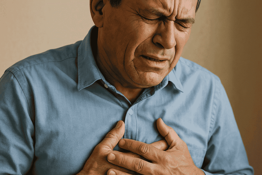 Man experiencing chest pain, holding his chest with a distressed expression, indicating possible heart-related issues