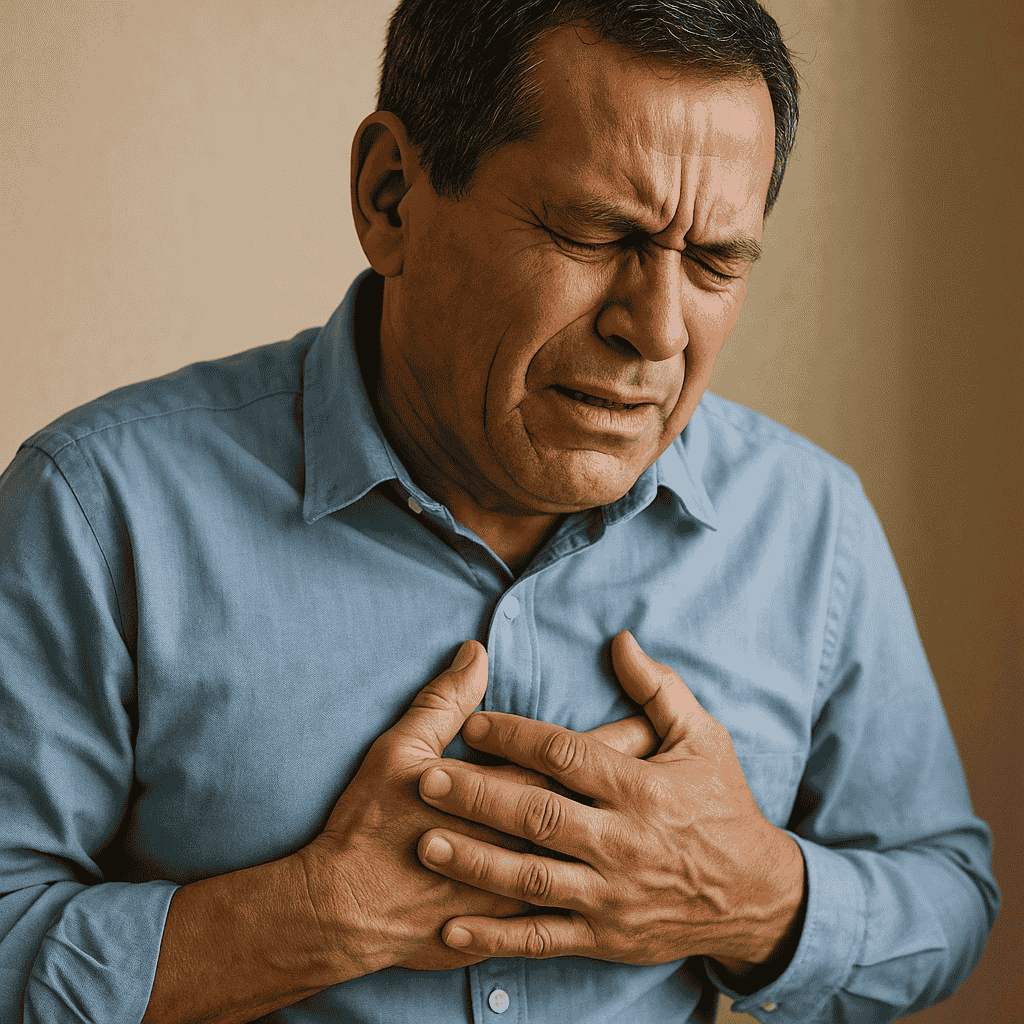 Man experiencing chest pain, holding his chest with a distressed expression, indicating possible heart-related issues