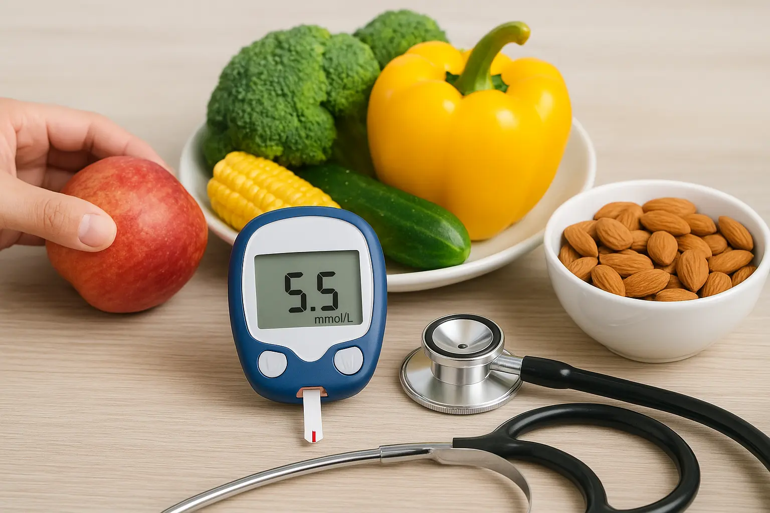 Healthy diabetic diet concept showing balanced food items for managing diabetes naturally