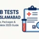 Lab Tests in Islamabad thumbnail showing medical clipboard, test tube, and magnifying glass for diagnostic services guide.