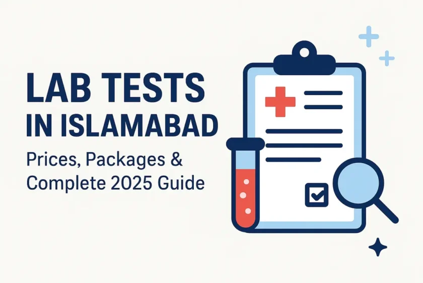 Lab Tests in Islamabad thumbnail showing medical clipboard, test tube, and magnifying glass for diagnostic services guide.