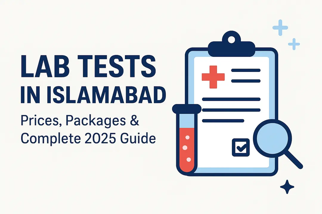 Lab Tests in Islamabad thumbnail showing medical clipboard, test tube, and magnifying glass for diagnostic services guide.