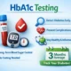 3D HbA1c test illustration showing blood sample, glucose meter, and icons for diabetes awareness, early detection, and long-term blood sugar control