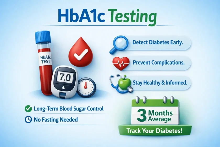 3D HbA1c test illustration showing blood sample, glucose meter, and icons for diabetes awareness, early detection, and long-term blood sugar control
