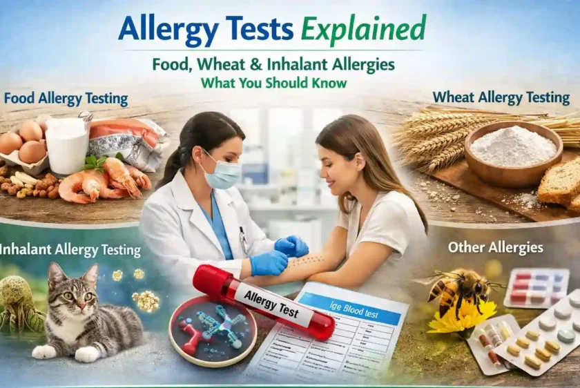 Allergy Tests Explained: Food, Wheat, Inhalant & Other Allergies testing at Nayab Labs, showing food allergens, inhalant allergens, wheat allergy test, and medical testing scene.