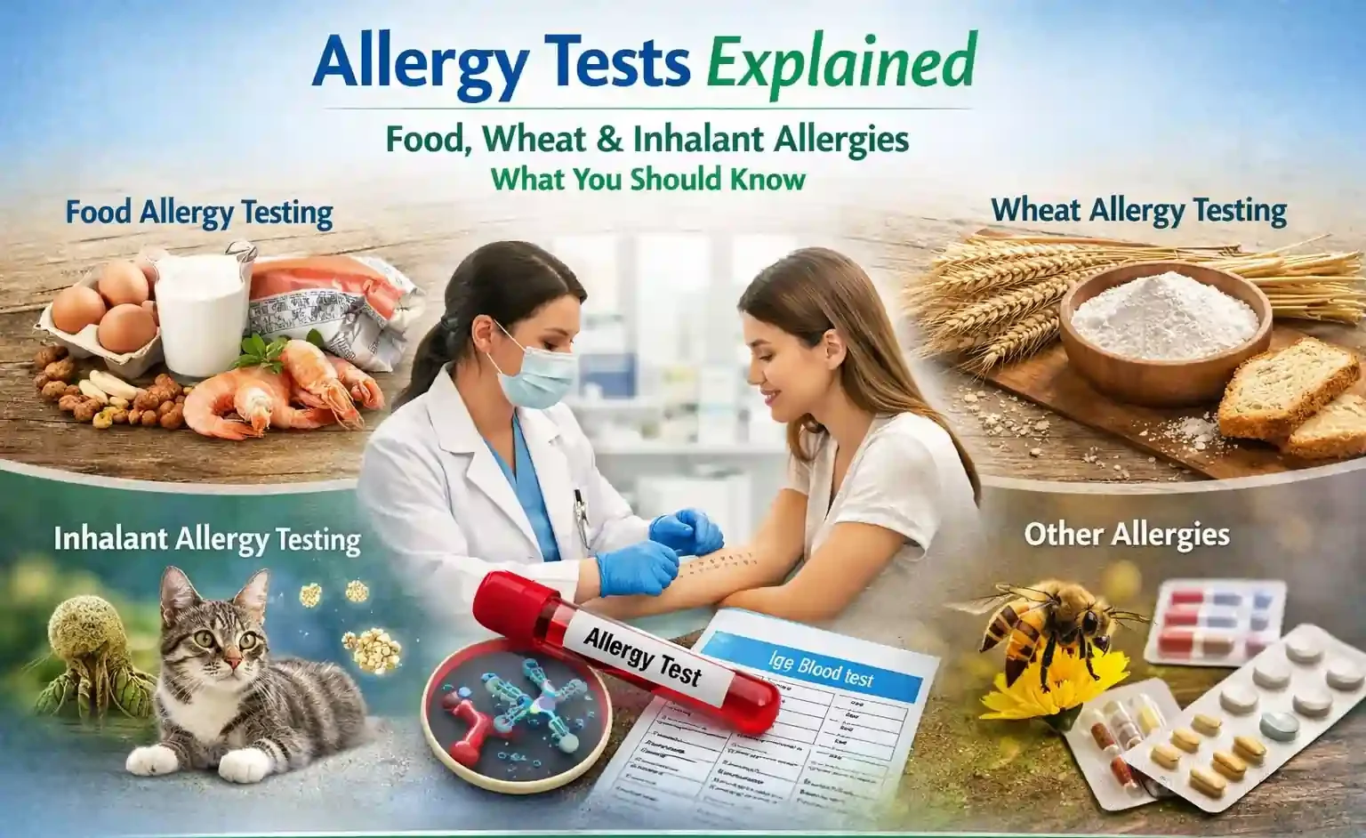 Allergy Tests Explained: Food, Wheat, Inhalant & Other Allergies testing at Nayab Labs, showing food allergens, inhalant allergens, wheat allergy test, and medical testing scene.
