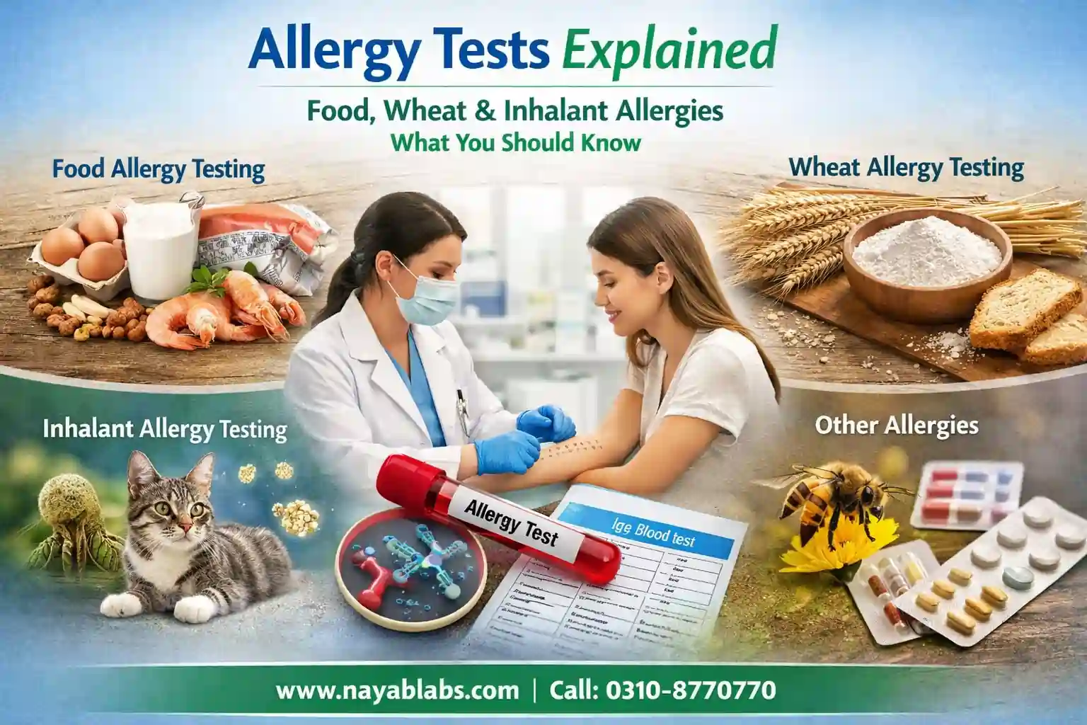 Allergy Tests Explained: Food, Wheat, Inhalant & Other Allergies testing at Nayab Labs, showing food allergens, inhalant allergens, wheat allergy test, and medical testing scene.