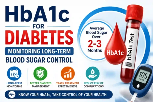 HbA1c test for diabetes monitoring showing blood sample tube, glucose meter, and infographic about long-term blood sugar control over 2–3 months.