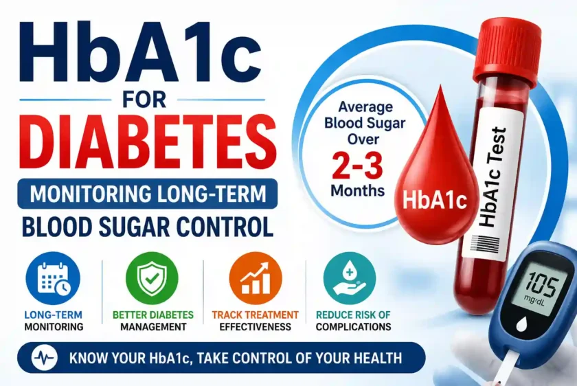 HbA1c test for diabetes monitoring showing blood sample tube, glucose meter, and infographic about long-term blood sugar control over 2–3 months.