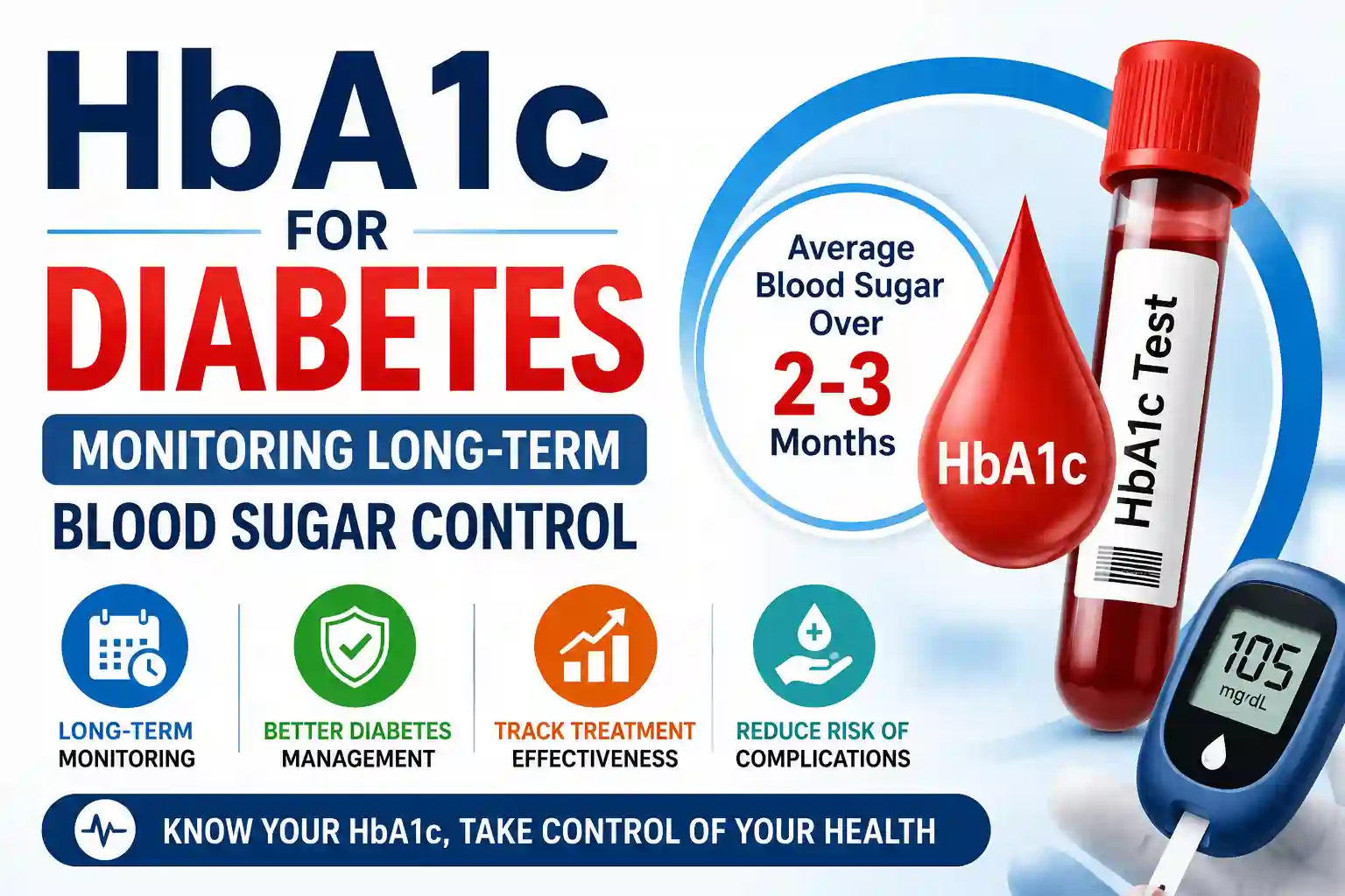 HbA1c test for diabetes monitoring showing blood sample tube, glucose meter, and infographic about long-term blood sugar control over 2–3 months.