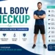 Full Body Checkup promotional banner featuring a healthy male model, comprehensive health screening benefits, diagnostic testing icons, and a list of body systems covered including heart, lungs, liver, kidneys, blood, bones, digestive health, and overall wellness.