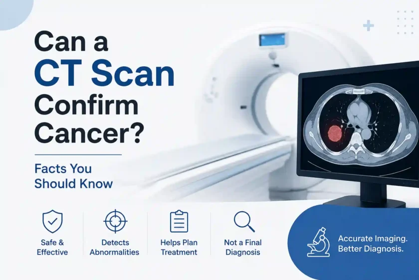 Can a CT scan confirm cancer? Informative medical illustration showing a CT scanner and cancer detection concept.