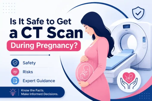 Pregnant woman standing next to a modern CT scanner illustrating whether CT scans are safe during pregnancy, including risks, safety considerations, and medical guidance.