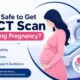Pregnant woman standing next to a modern CT scanner illustrating whether CT scans are safe during pregnancy, including risks, safety considerations, and medical guidance.