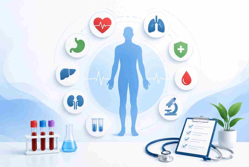 Full Body Test and complete health checkup with blood tests, ECG, ultrasound, and medical screening icons
