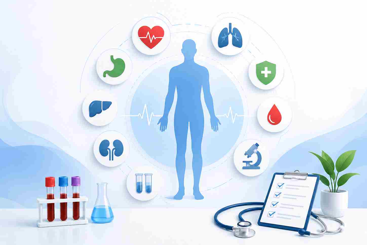 Full Body Test and complete health checkup with blood tests, ECG, ultrasound, and medical screening icons